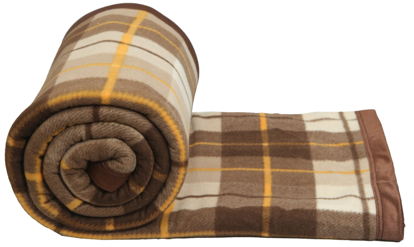 Goyal's Checker Polar Fleece All Season Blanket Double Bed With Satan Border, 90x90 Inches - Brown