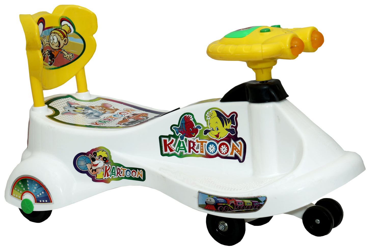 Goyal's Kartoon Face Musical Free Wheel Swing and Twist Magic Car With Back Support - White