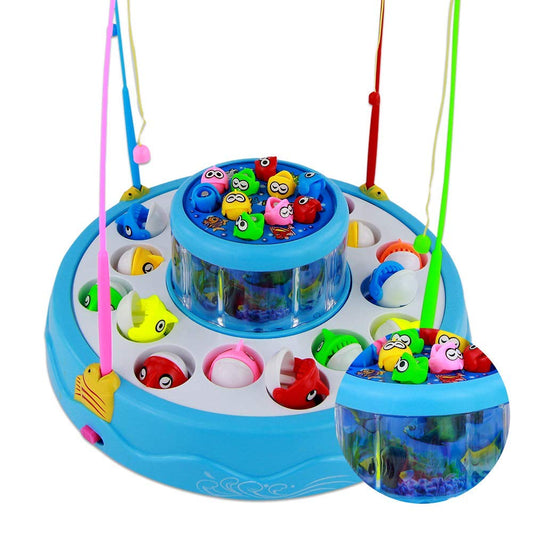 Goyal's Fishing Fish-Catching Game with 26 Piece Fishes, 2 Rotary Ponds and 4 Pods with Music and Light Function (Blue)