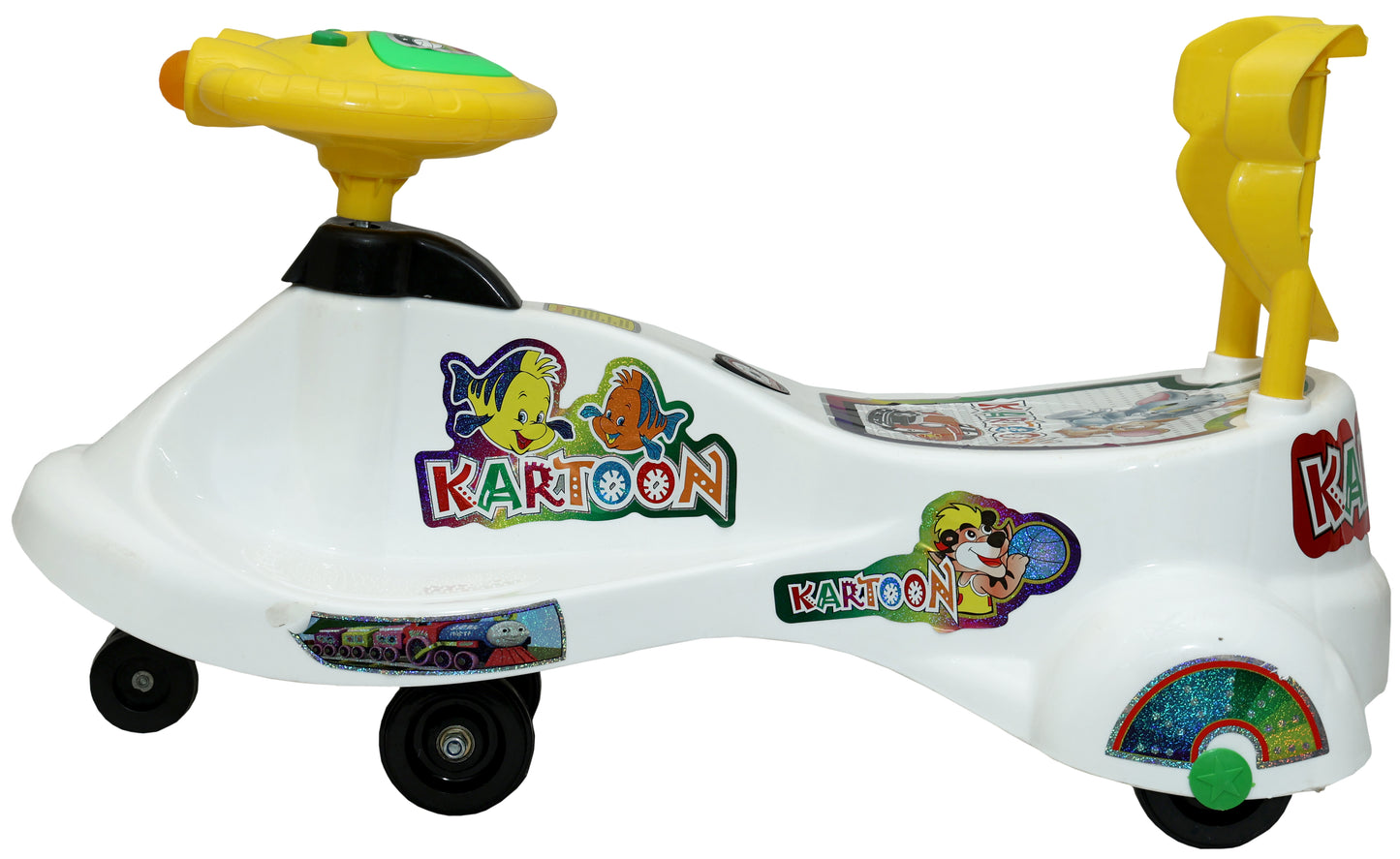 Goyal's Kartoon Face Musical Free Wheel Swing and Twist Magic Car With Back Support - White