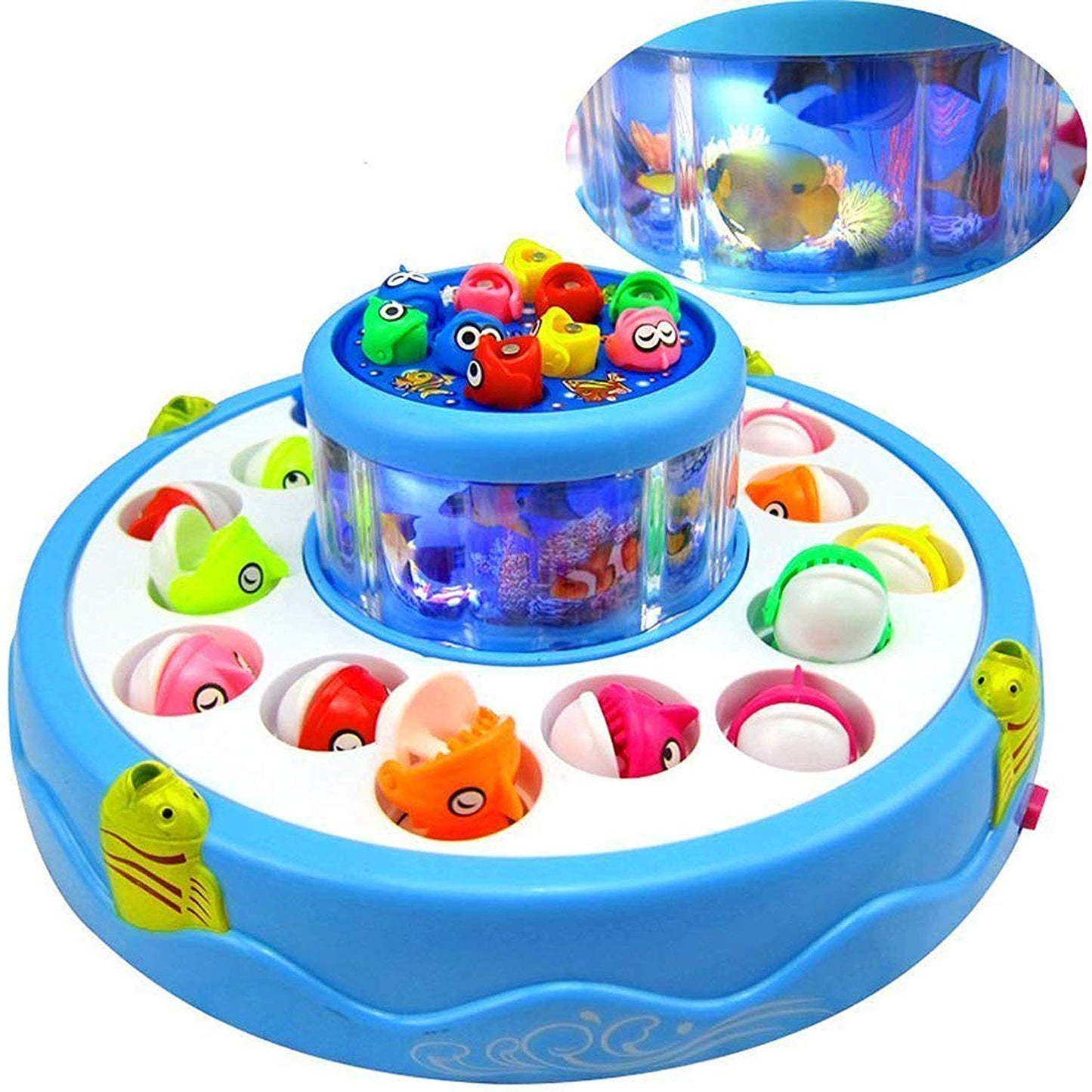 Goyal's Fishing Fish-Catching Game with 26 Piece Fishes, 2 Rotary Ponds and 4 Pods with Music and Light Function (Blue)