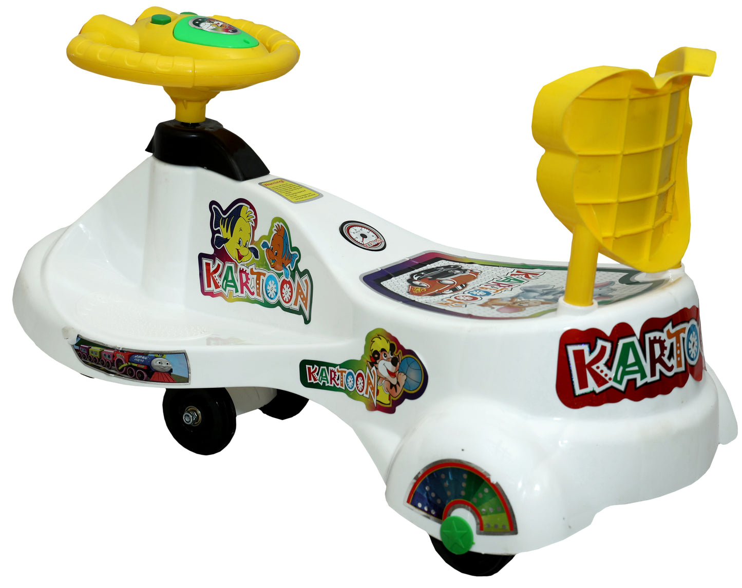 Goyal's Kartoon Face Musical Free Wheel Swing and Twist Magic Car With Back Support - White