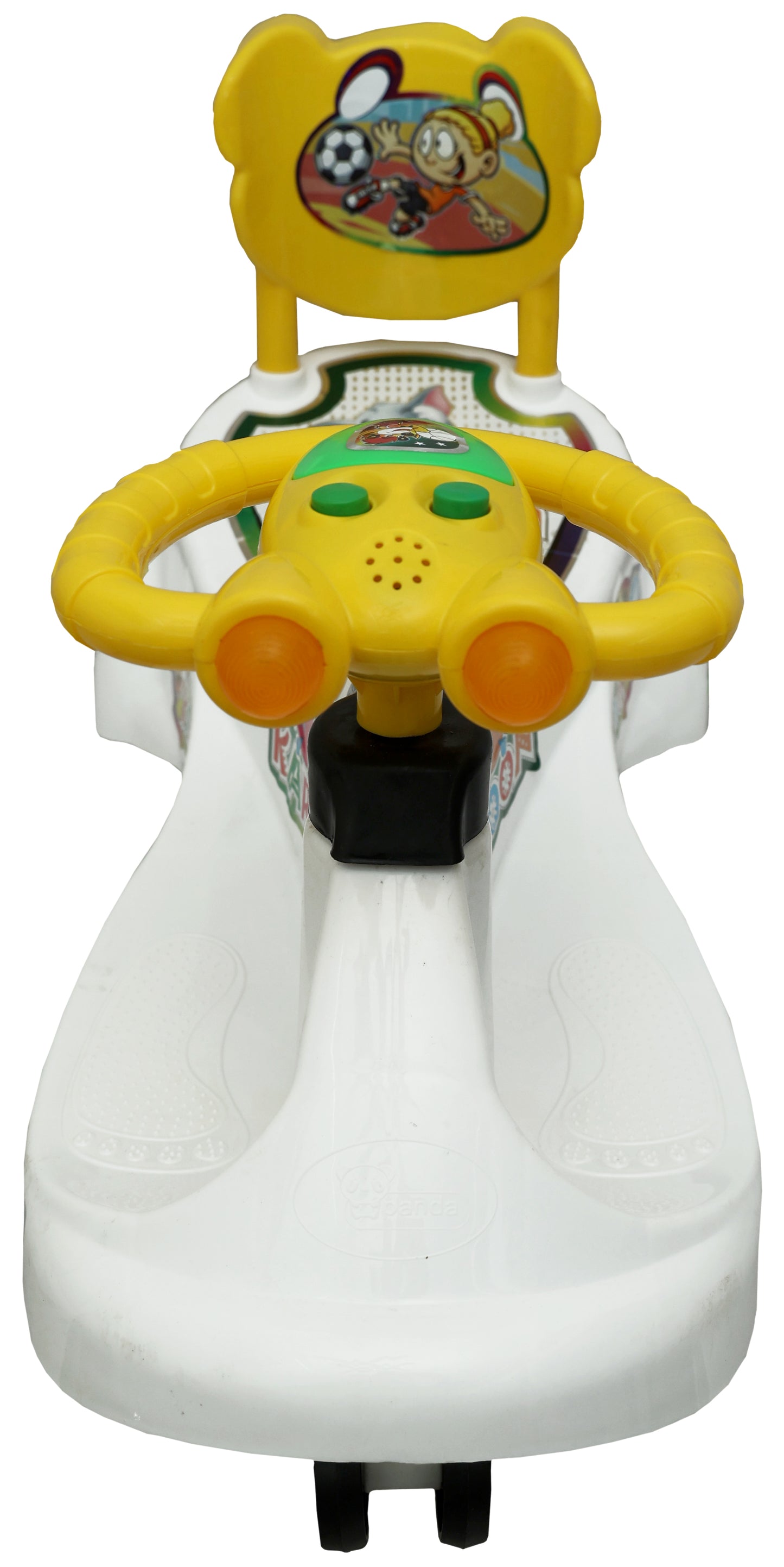 Goyal's Kartoon Face Musical Free Wheel Swing and Twist Magic Car With Back Support - White