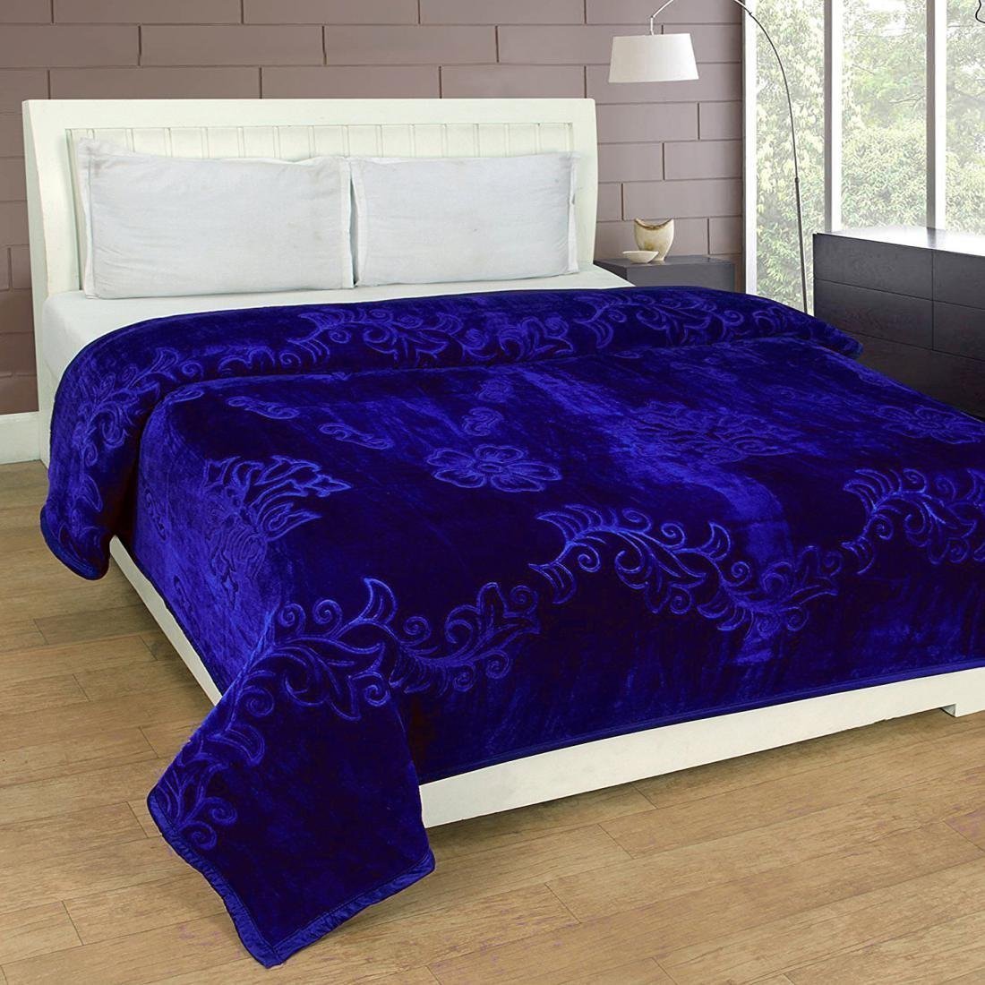 Goyal's Polyester Embossed Floral Printed 500TC Single Bed Mink Blanket 63 X 85 Inch - Blue, reversible