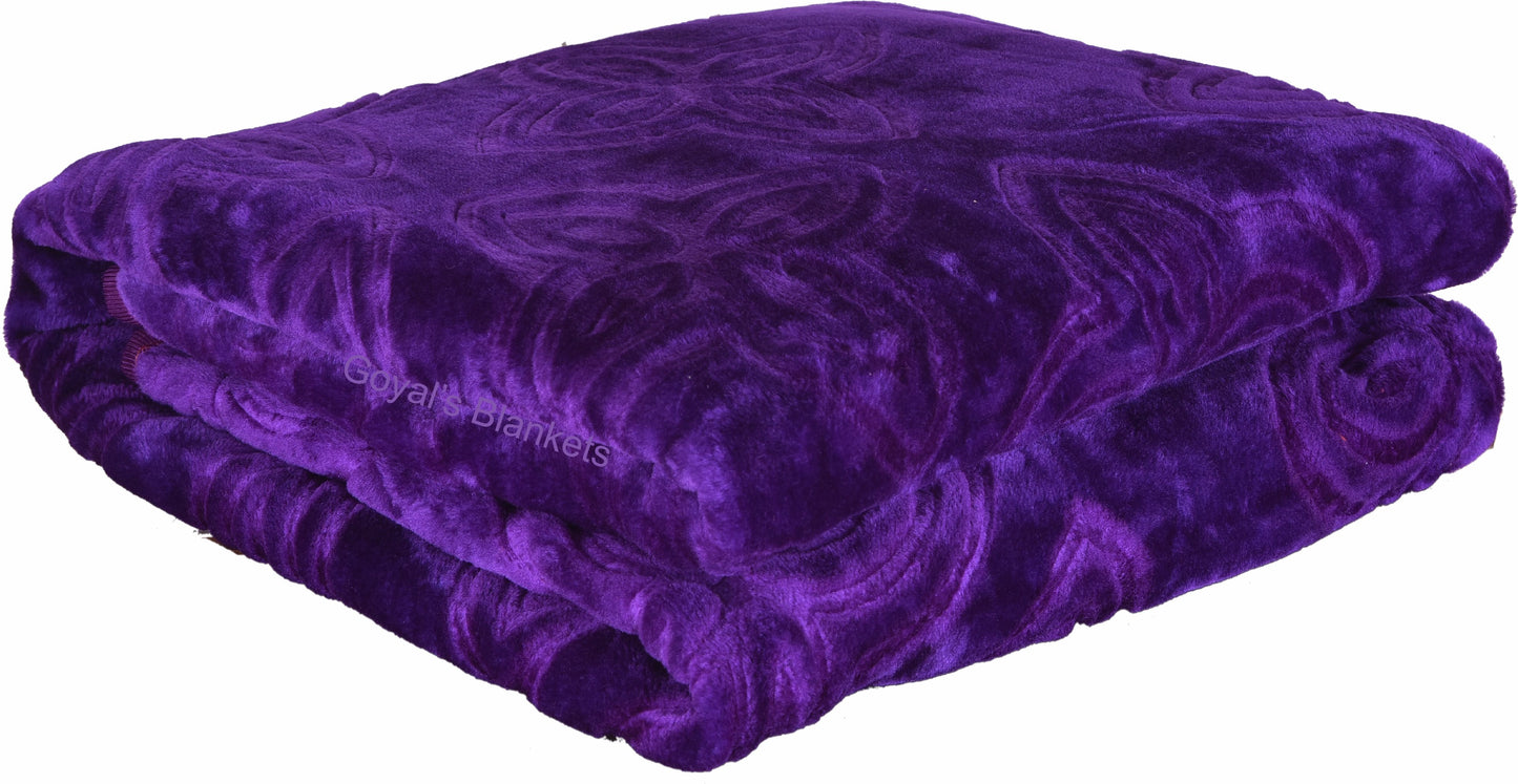 Goyal's Polyester Embossed Floral Printed 500TC Double Bed Mink Blanket 87 X 85 Inch Set of 2 - Purple and Maroon