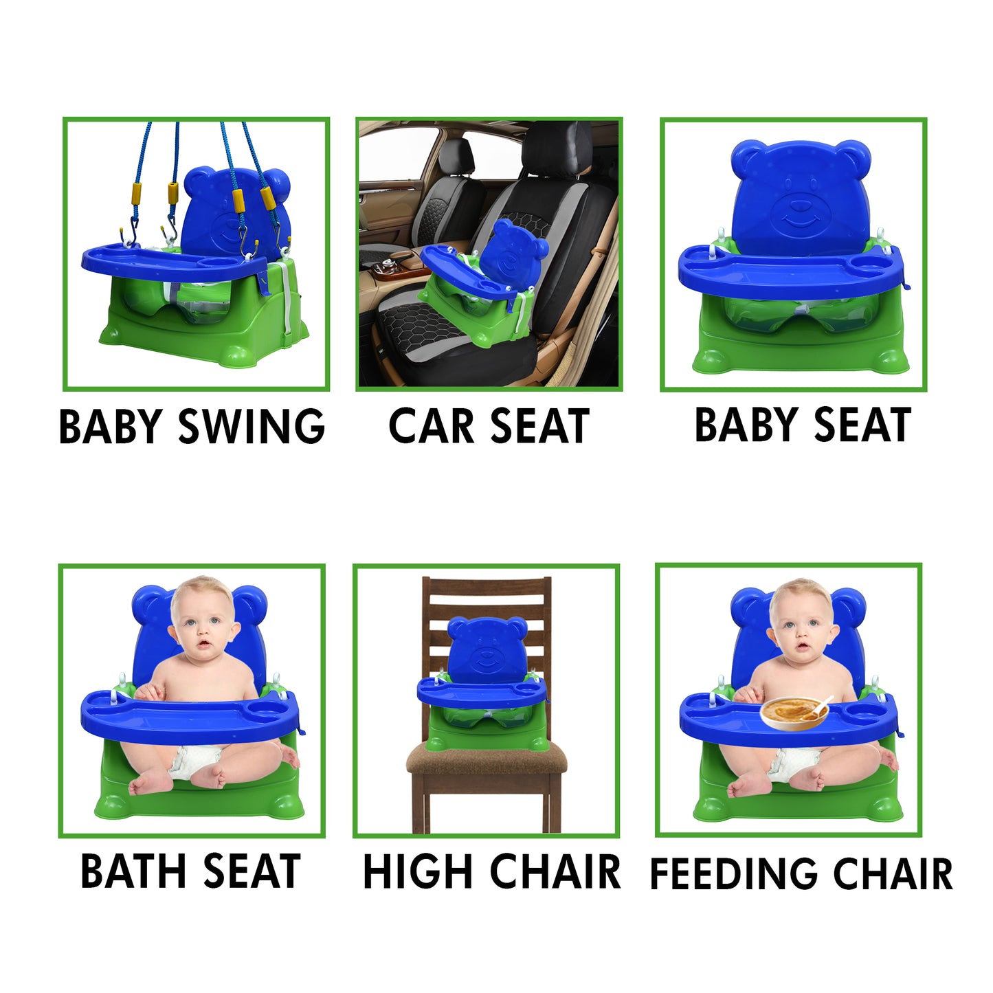 Goyal's 6-in-1 Multipurpose Booster Seat Swing Kids Feeding High Chair with Long Hook Ropes - Green & Blue